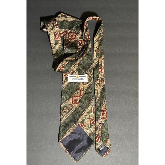 Vintage Woodward Designer Silk Tie – Green Brown Beige Geometric – Made USA - Picture 2 of 5